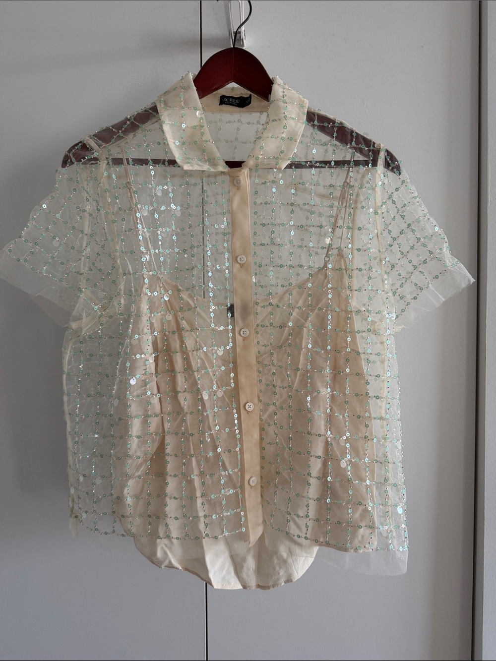J. Crew Embellished button-up short-sleeve shirt Size 14 Sequin Cream - Picture 5 of 7